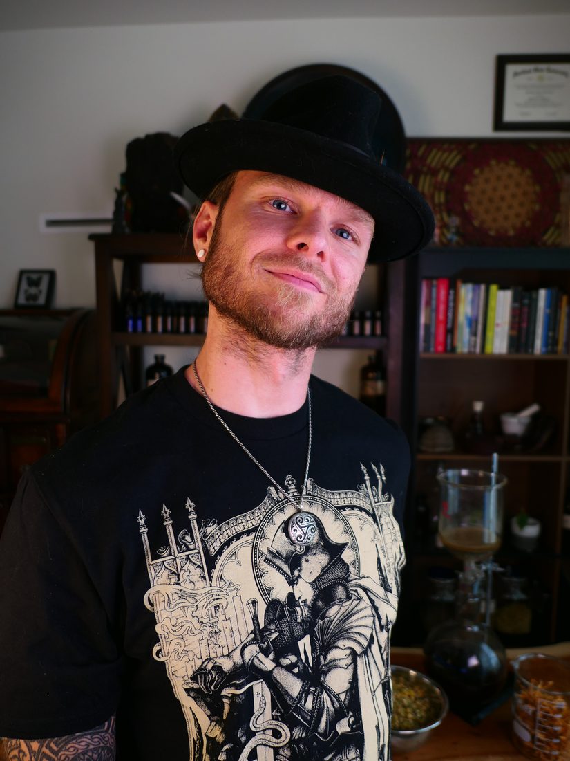 Jonathan, founder of Evolved Mushrooms, in his home apothecary