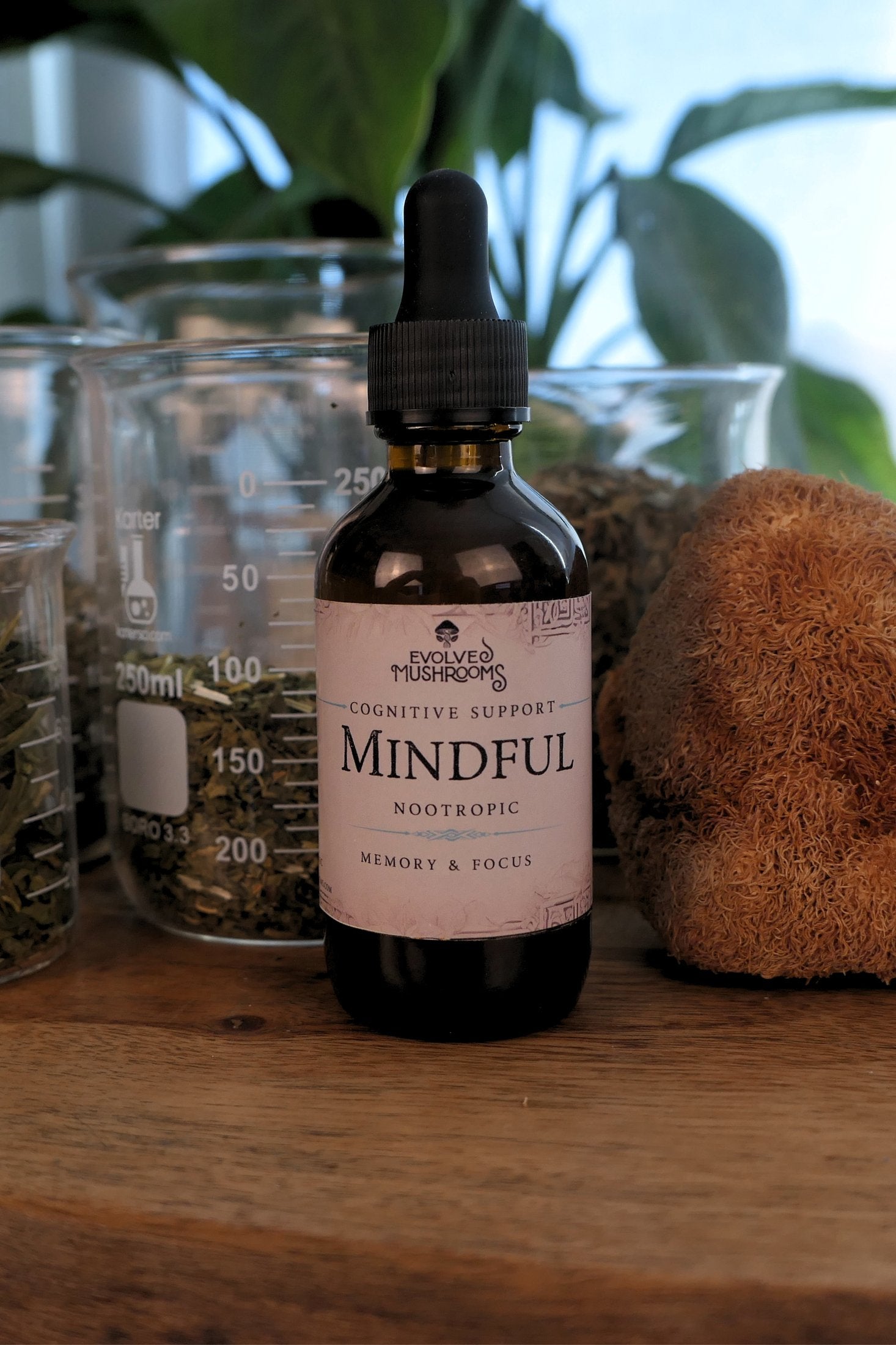 A dark amber glass dropper bottle labeled 'Mindful Rootropic Cognitive Support' on a wooden surface, with glass beakers and dried herbs in the background and a brown scrub on the right.